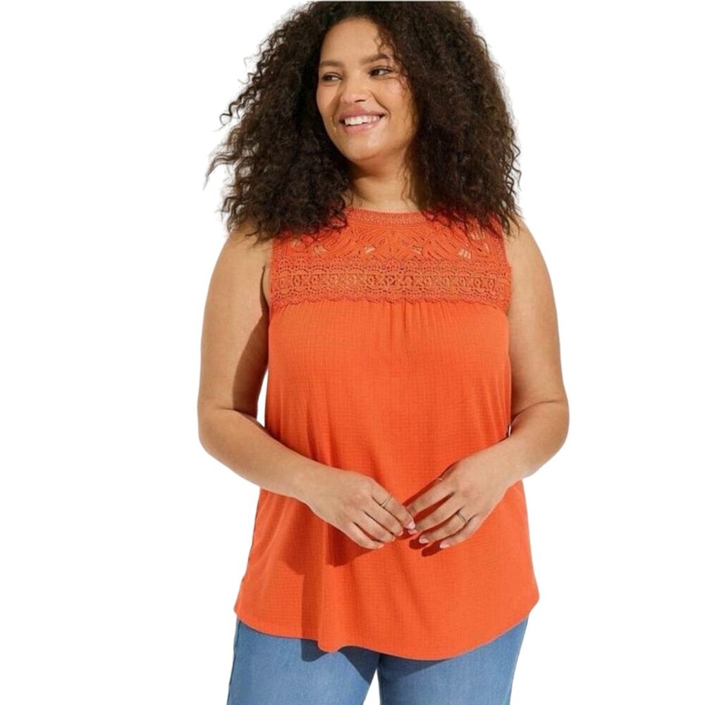 NWT TORRID Texture Jersey Crochet Lace
Yoke Swing Tank Mandarin Red Plus Size 00